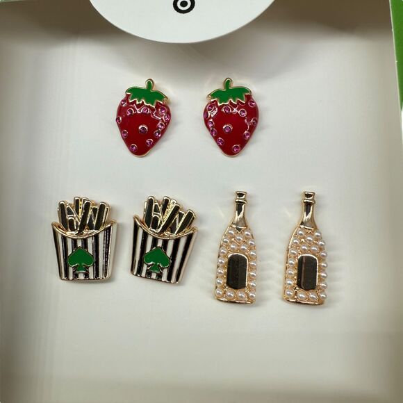 Kate Spade NY Target Stud Earrings Set 3 Pairs Strawberry French Fries Champagne - Picture 5 of 13